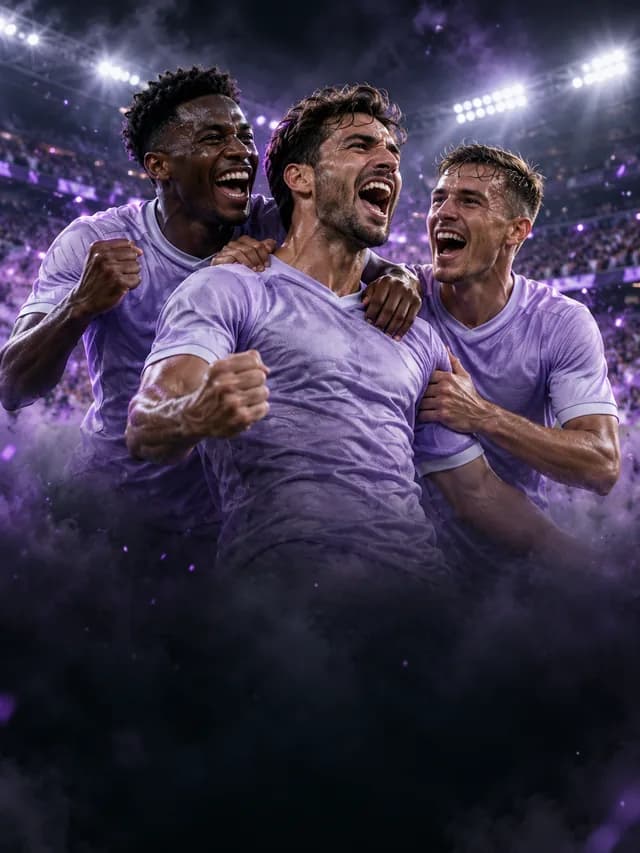 Three footballers celebrating a goal in purple stadium light