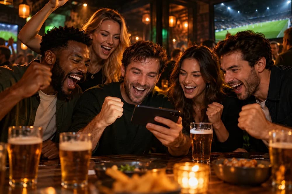 Friends cheering and laughing together while watching sport at a pub